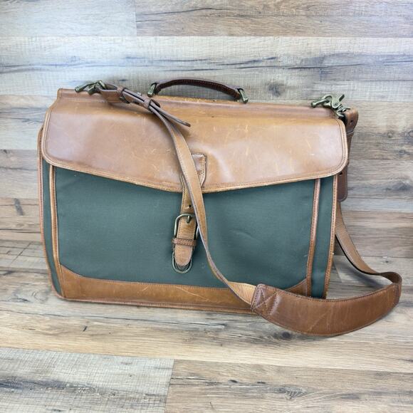 L.L. Bean Dowel Rod Canvas Green Business Travel Briefcase Shoulder Leather Bag - Picture 1 of 6